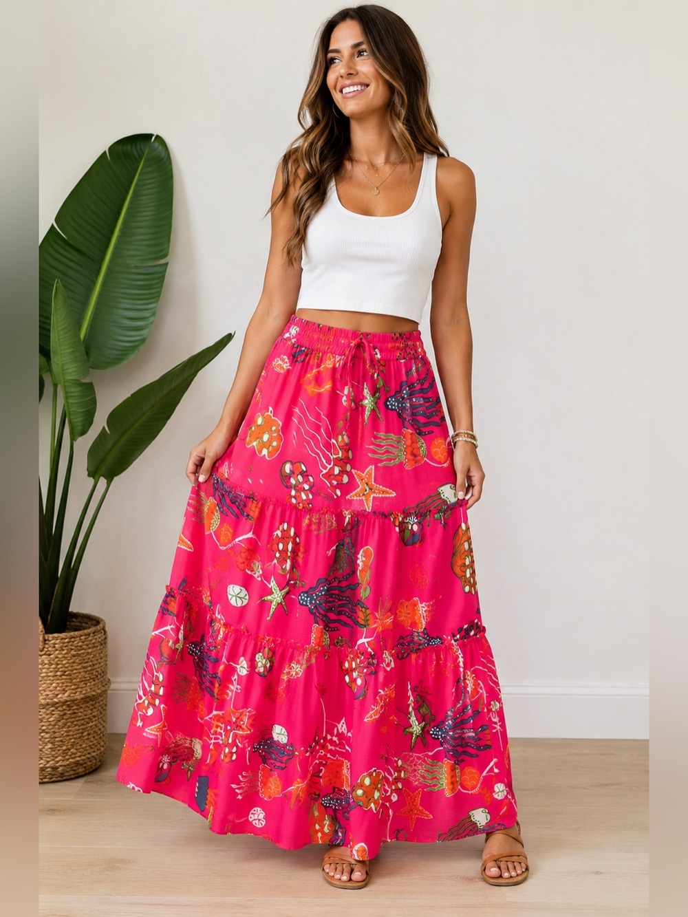 Zoey & Leelo Tropical Ocean Print‎ Tiered Maxi Skirt XL